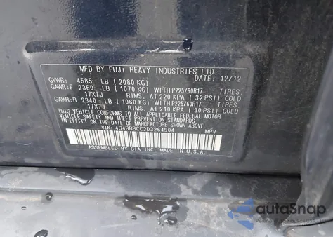 2013 Subaru Outback 2.5I Premium from USA, damaged, VIN 4S4BRBCC2D3264904